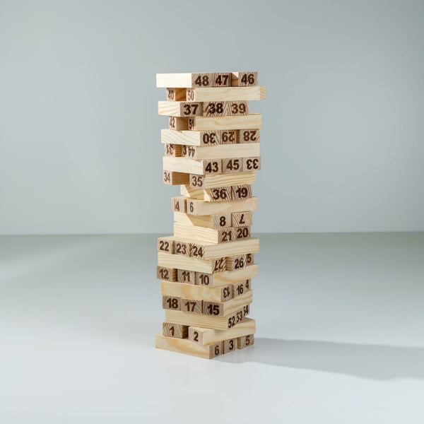 Wooden Number Tumbling Tower – 54 Piece Stacking Block Game with Dice Smooth Edges
