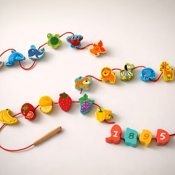 Wooden Lacing Toy Set (42 Pcs) – Alphabet, Number & Shape Threading Beads