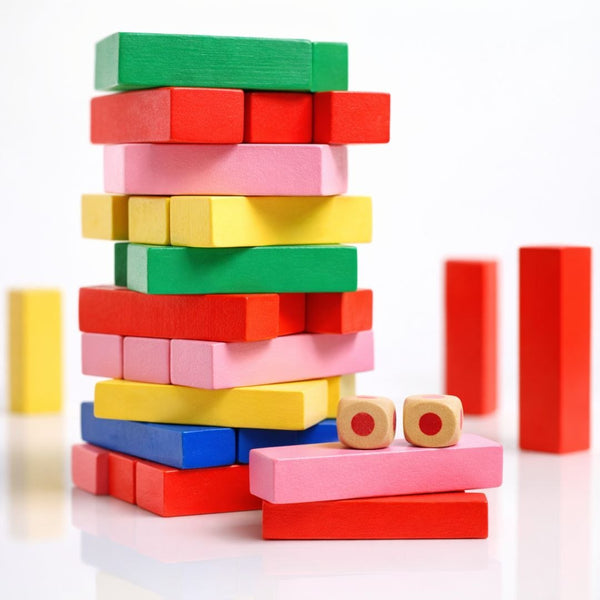 Colorful Wooden Tumbling Tower – 54 Piece Stacking Block Game with Dice Detail
