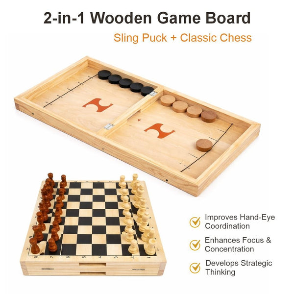 2-in-1 Wooden Game Board – Foldable Sling Puck & Chess Set Detail