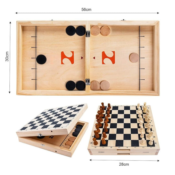 2-in-1 Wooden Game Board – Foldable Sling Puck & Chess Set
