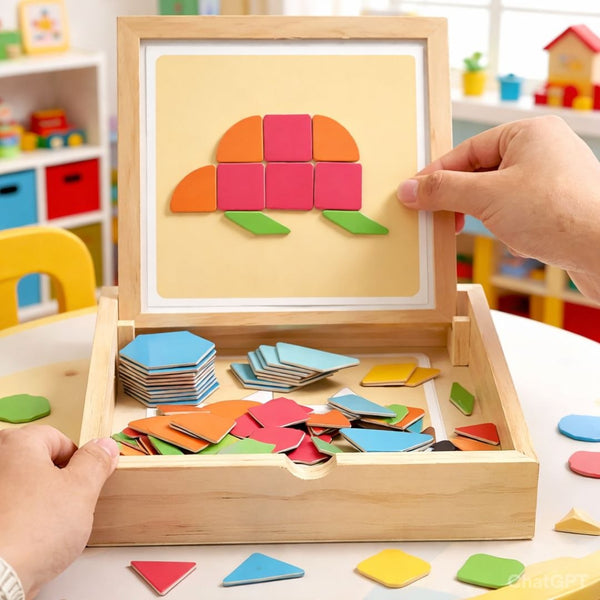 Wooden Magnetic Geometry Puzzle – 225 Piece Pattern Building Set Smooth Edges