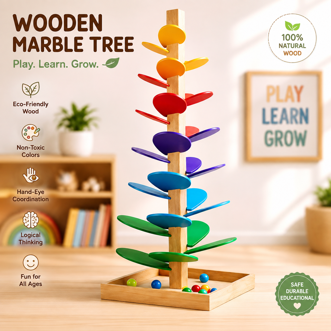 Rainbow Music Tree – Wooden Marble Run Tower for Toddlers