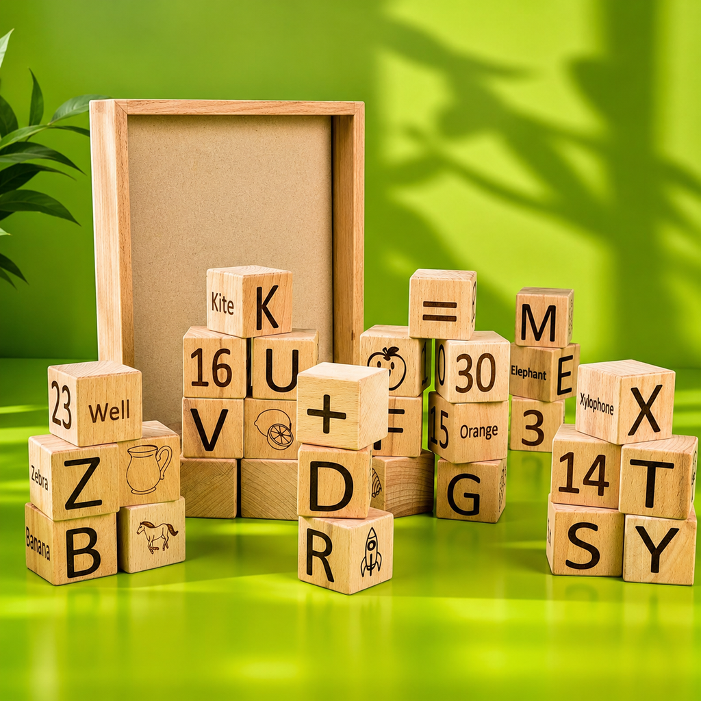 Woodlet Wooden Alphabet & Number Learning Blocks | Montessori Educational Toy for Kids | 36 Pieces