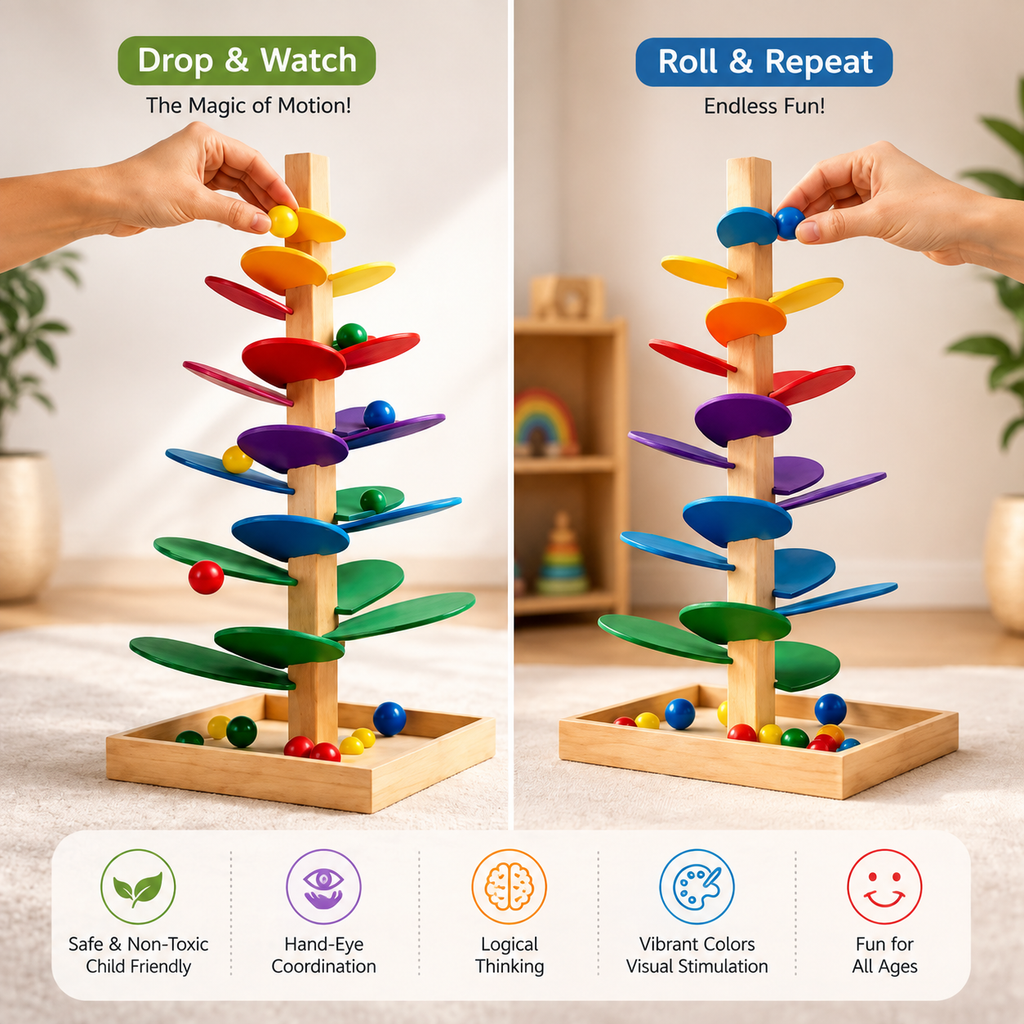 Rainbow Music Tree – Wooden Marble Run Tower for Toddlers