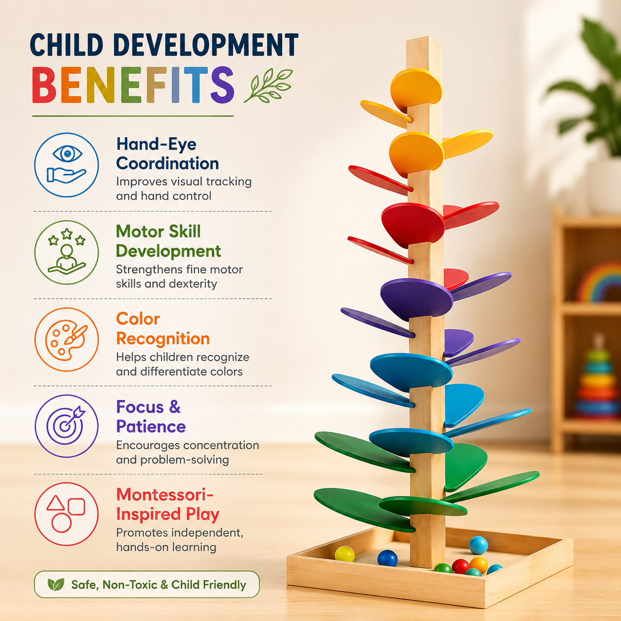 Rainbow Music Tree – Wooden Marble Run Tower for Toddlers