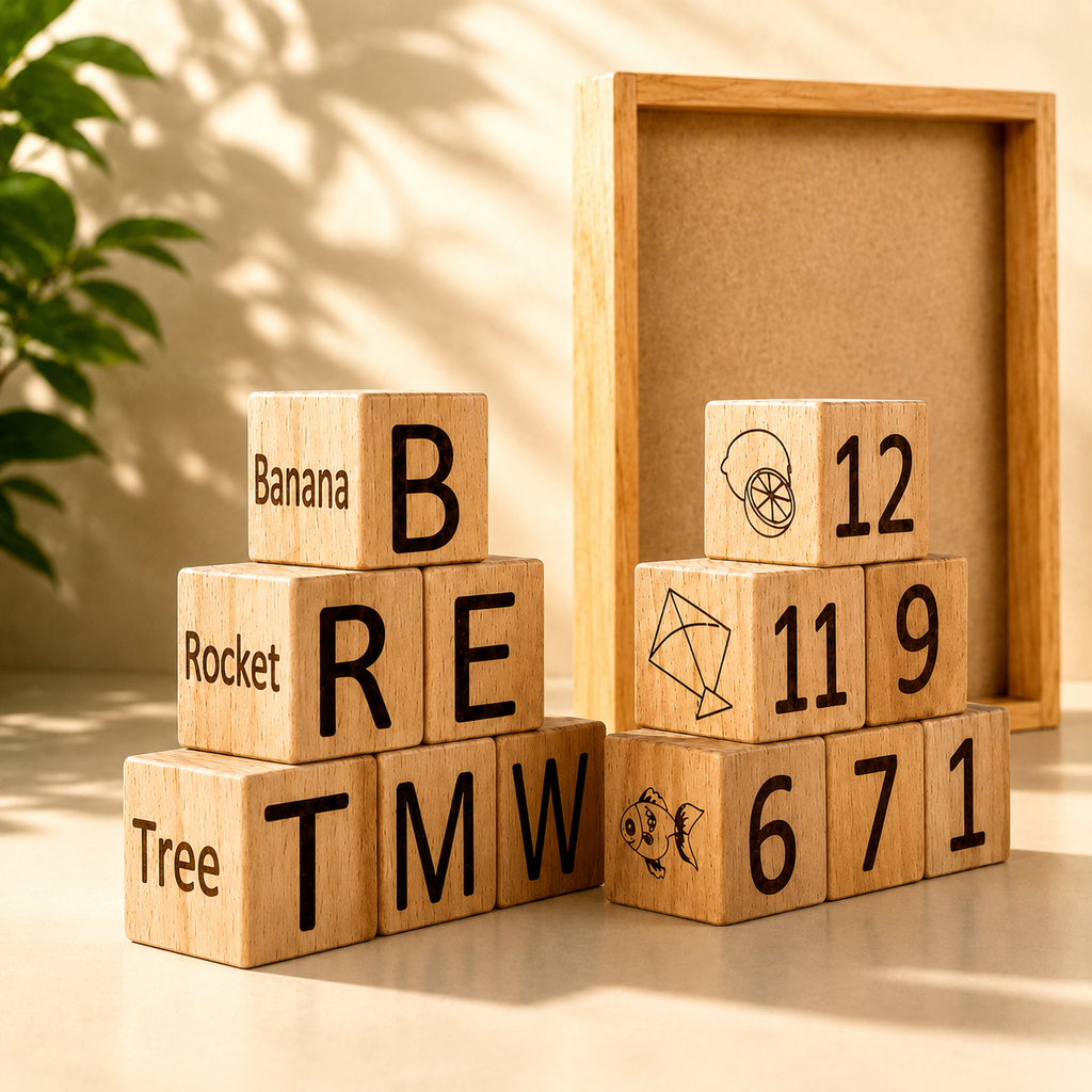 Woodlet Wooden Alphabet & Number Learning Blocks | Montessori Educational Toy for Kids | 36 Pieces