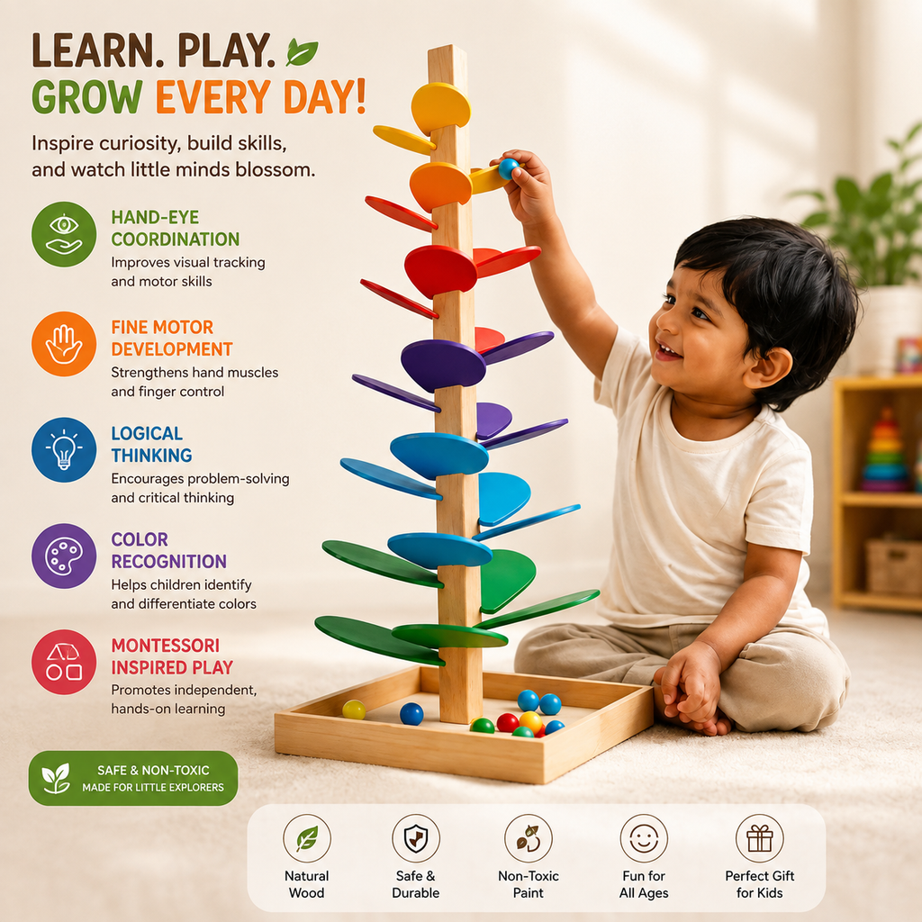 Rainbow Music Tree – Wooden Marble Run Tower for Toddlers