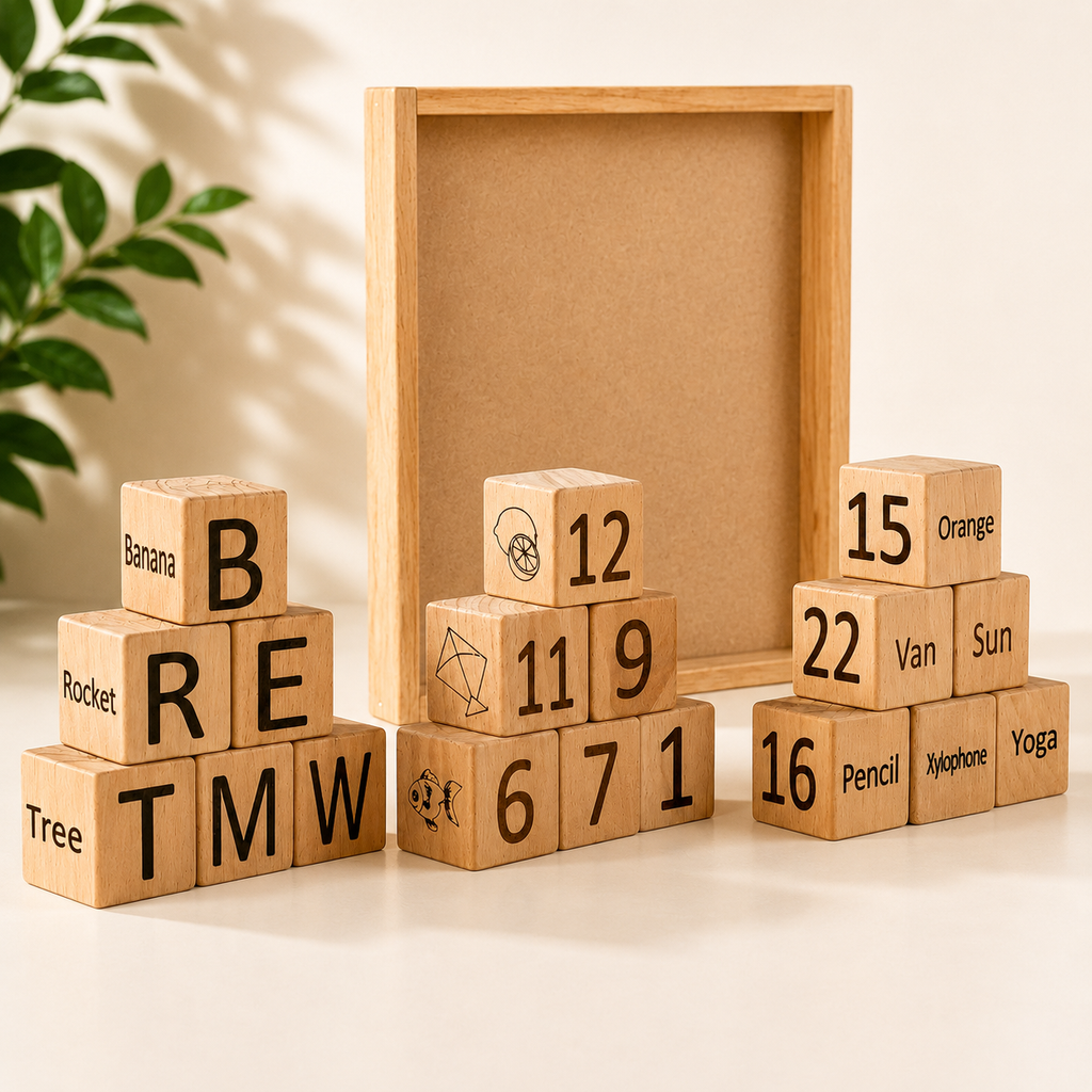 Woodlet Wooden Alphabet & Number Learning Blocks | Montessori Educational Toy for Kids | 36 Pieces
