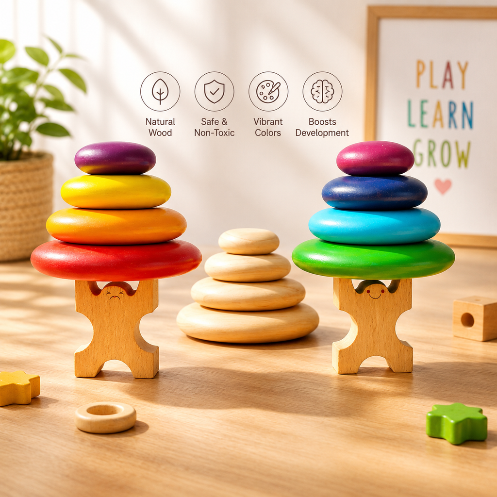 Woodlet Montessori Wooden Balancing Stacking Stones Toy | Rainbow Balance Rocks | Sensory & Fine Motor Learning Toy for Toddlers