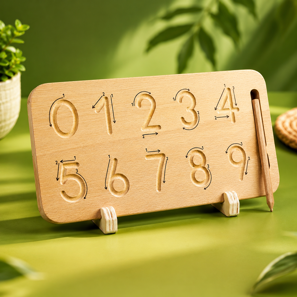 Woodlet Montessori Wooden Number Tracing Board | Reusable Number Writing & Math Learning Toy for Kids 3+ Years