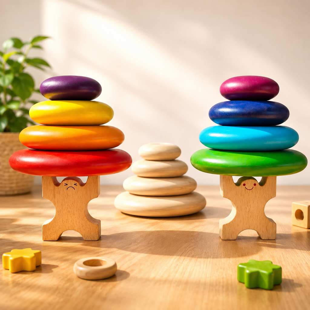 Woodlet Montessori Wooden Balancing Stacking Stones Toy | Rainbow Balance Rocks | Sensory & Fine Motor Learning Toy for Toddlers