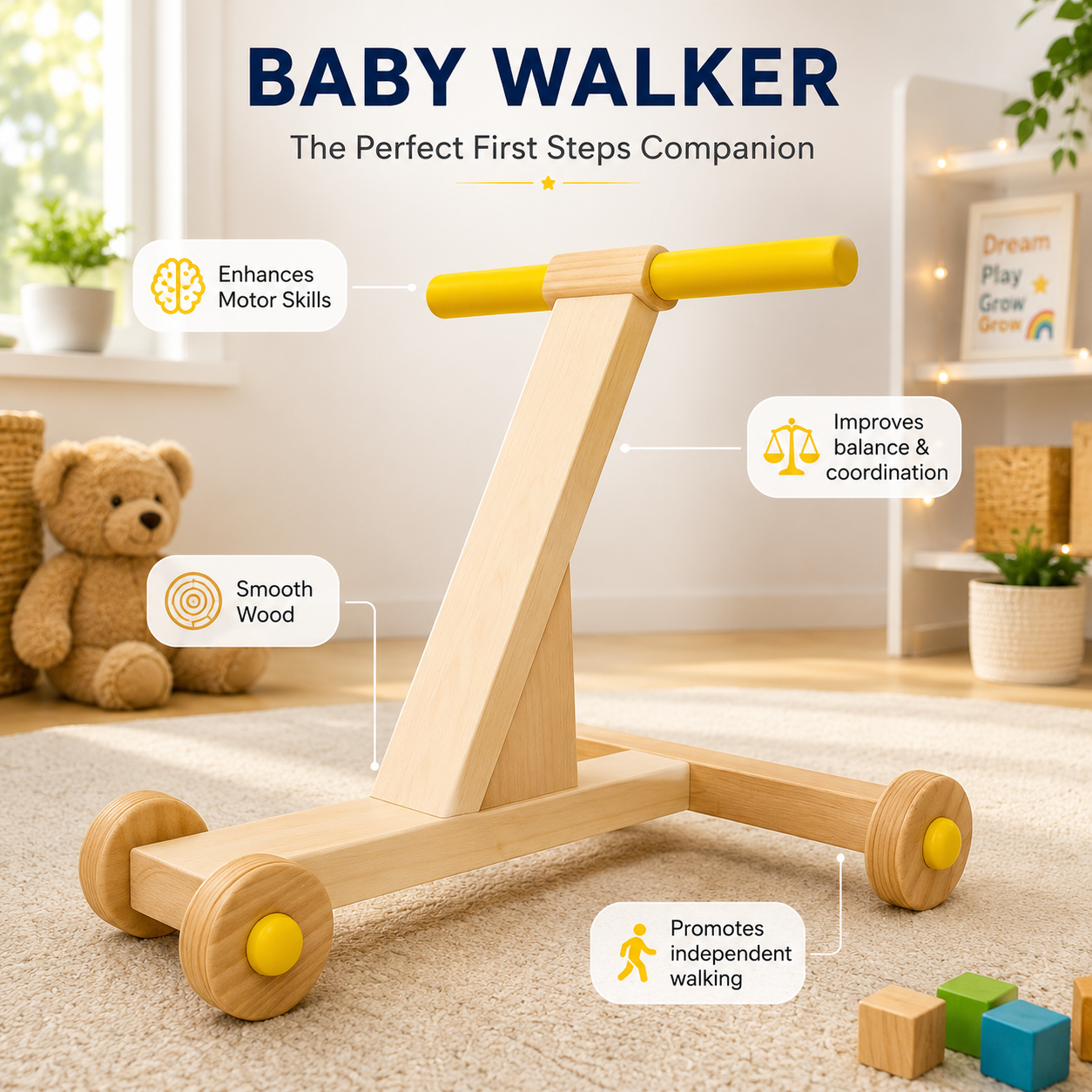 Woodlet Montessori Wooden Baby Walker | Natural Push Walker for Toddlers