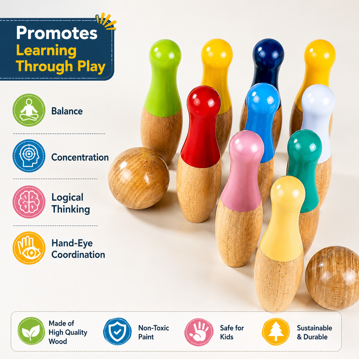 Woodlet Wooden Bowling Set for Kids | 10 Pins & 2 Balls | Montessori Toy