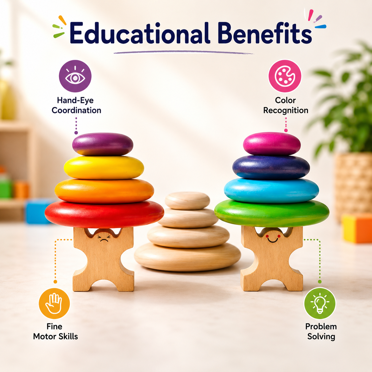 Woodlet Montessori Wooden Balancing Stacking Stones Toy | Rainbow Balance Rocks | Sensory & Fine Motor Learning Toy for Toddlers