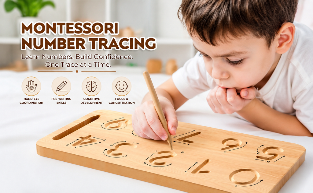 Woodlet Montessori Wooden Number Tracing Board | Reusable Number Writing & Math Learning Toy for Kids 3+ Years