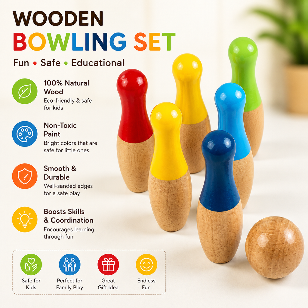 Woodlet Wooden Bowling Set for Kids | 10 Pins & 2 Balls | Montessori Toy