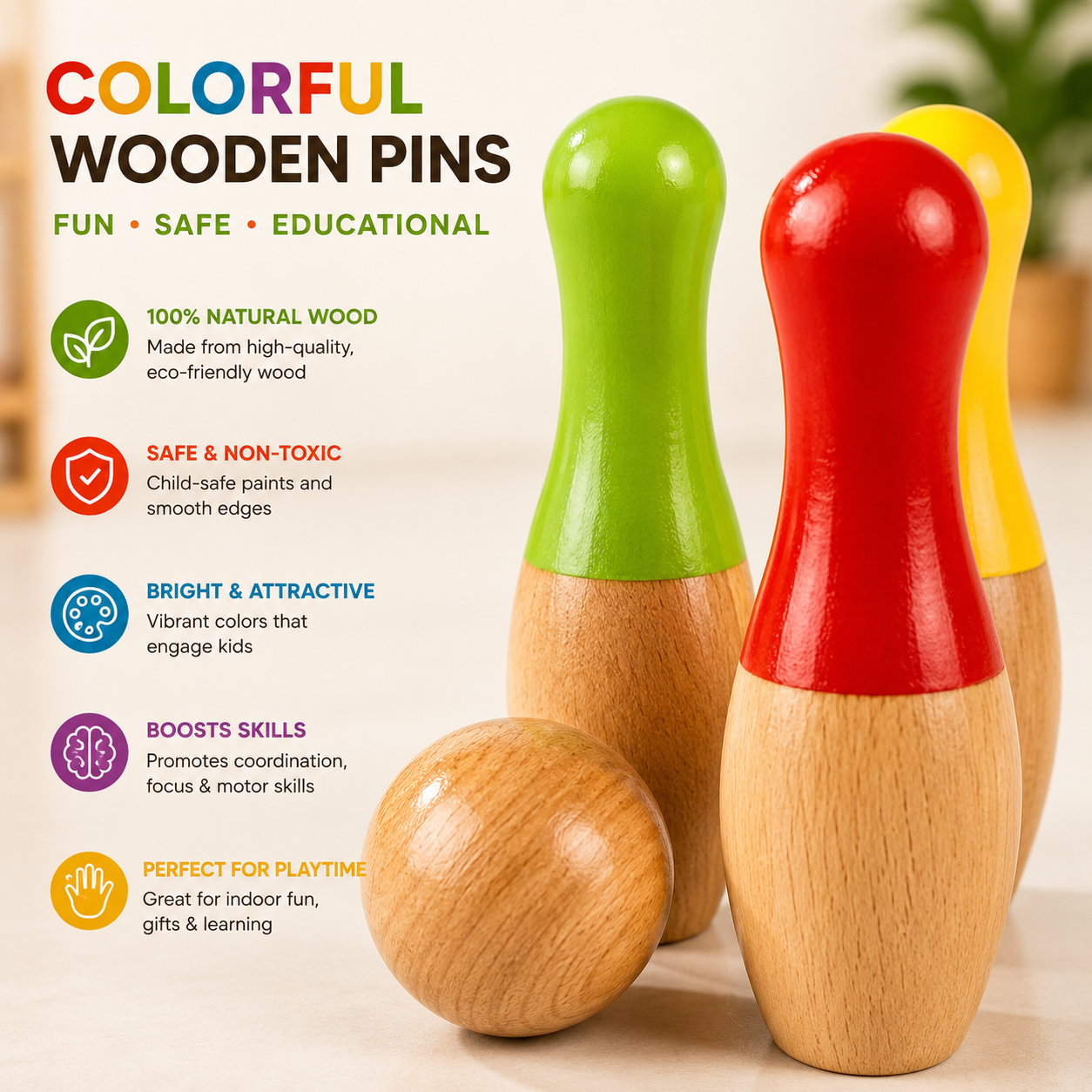 Woodlet Wooden Bowling Set for Kids | 10 Pins & 2 Balls | Montessori Toy