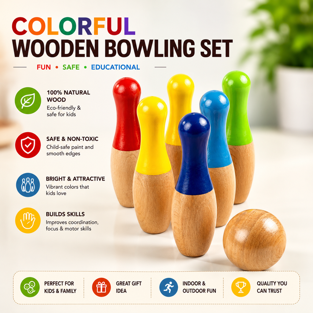 Woodlet Wooden Bowling Set for Kids | 10 Pins & 2 Balls | Montessori Toy