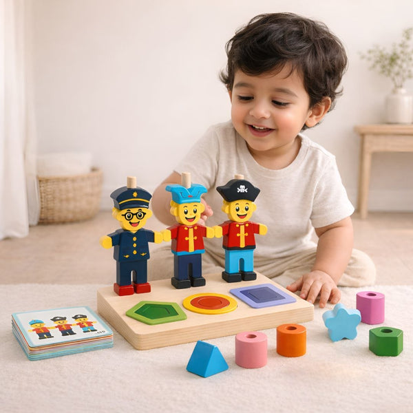 Little Bear Shape Sorting & Stacking Puzzle Set with Pattern Cards Smooth Edges
