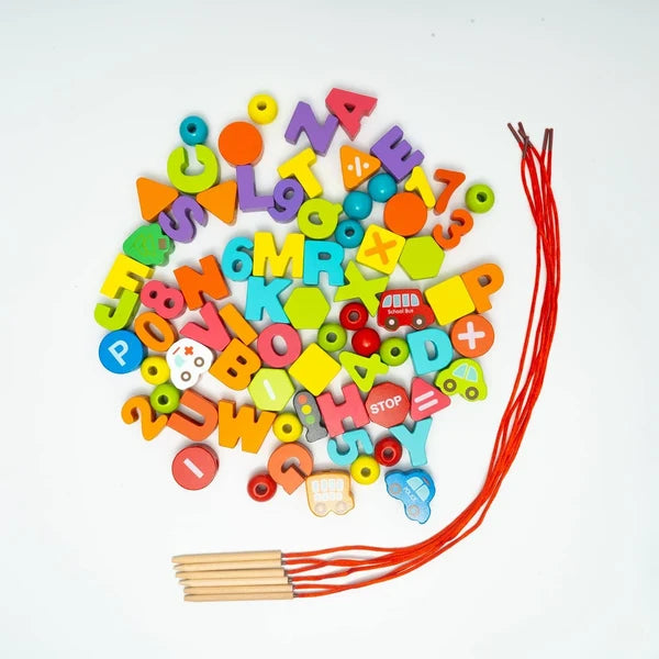 Wooden lacing toy set with colorful alphabet and number beads