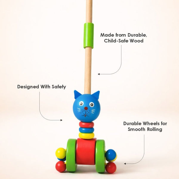 Wooden Cat Push Along Toy – Disassembling Animal Cart for Toddlers Smooth Edges