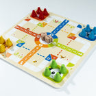 Wooden Ludo game with colorful playing pieces and dice