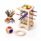 Wooden tumble tower game with colorful sticks and balls