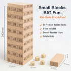 Wooden block tower game showing block and dice dimensions