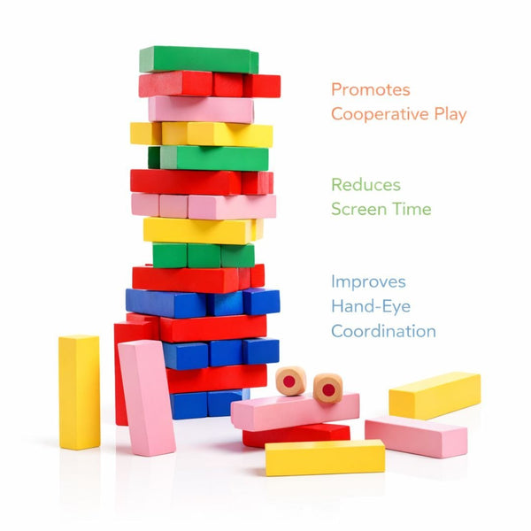 Colorful Wooden Tumbling Tower – 54 Piece Stacking Block Game with Dice
