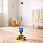 Wooden cat push along toy with colorful rolling wheels