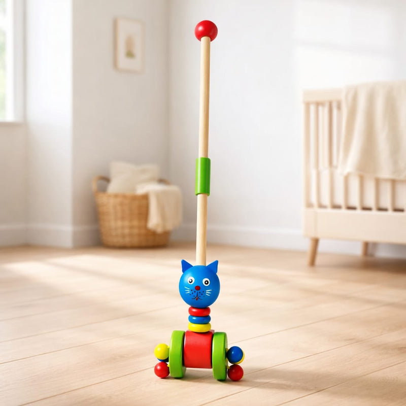 Wooden cat push along toy with colorful rolling wheels