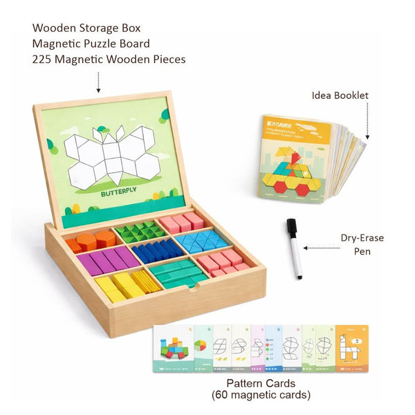 Wooden Magnetic Geometry Puzzle – 225 Piece Pattern Building Set