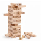 Natural wood block tower game with engraved numbers and dice