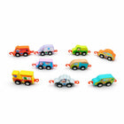 Colorful toy vehicles including fire engine, ambulance, and taxi for kids