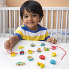 Wooden lacing bead set with vehicle and shape designs for toddlers