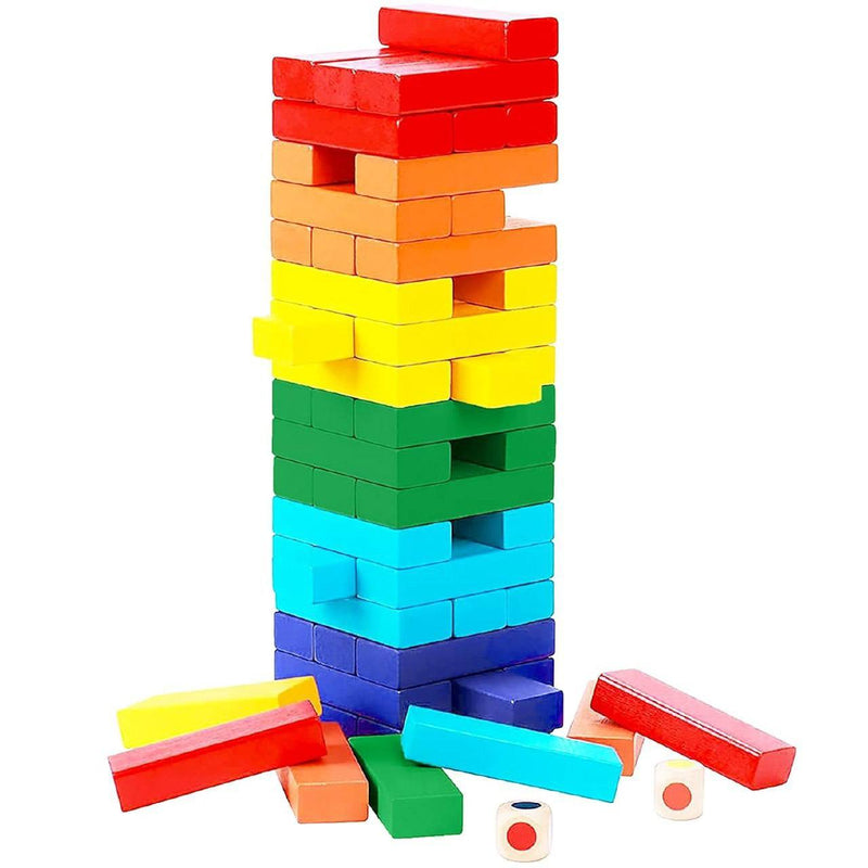 Colorful wooden tumbling tower game with 54 stacking blocks