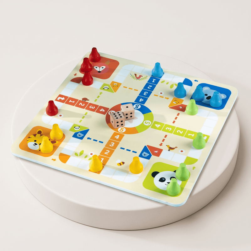 2-in-1 wooden Ludo and Snake and Ladder game board with animal theme