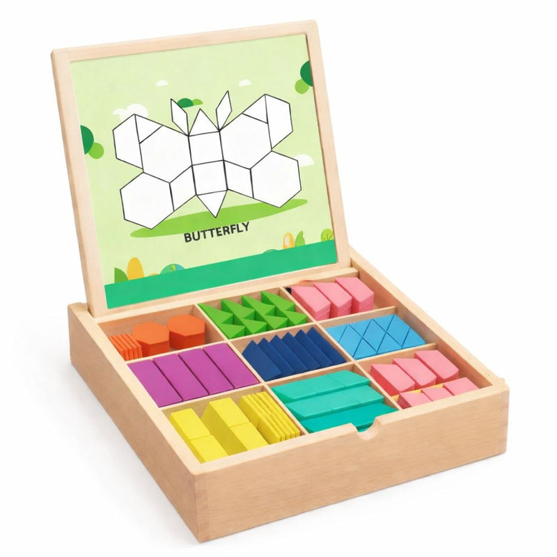 Wooden magnetic geometry puzzle set with 225 colorful pieces