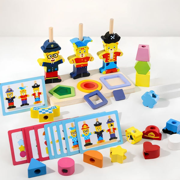 Little Bear Shape Sorting & Stacking Puzzle Set with Pattern Cards